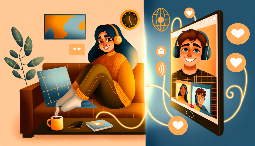 A heartwarming illustration of two friends staying connected across distances, depicted through a split-screen concept. On one side, a person is sitting on a cozy couch with a laptop and a mug of coffee, while the other side s